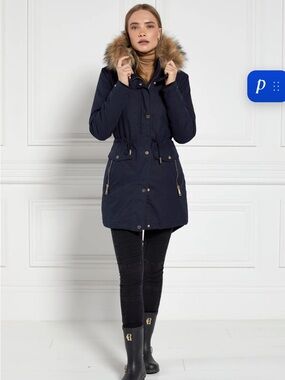 Women’s Navy Hooded Parka with Fur-Trim Hood